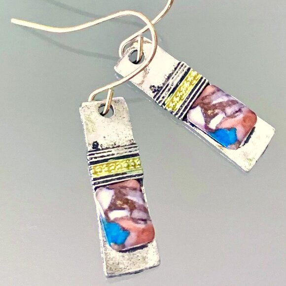 1 3/8"L Small Abstract Boho Design Silver Gold Rectangle Dangle Earrings New - Picture 1 of 3